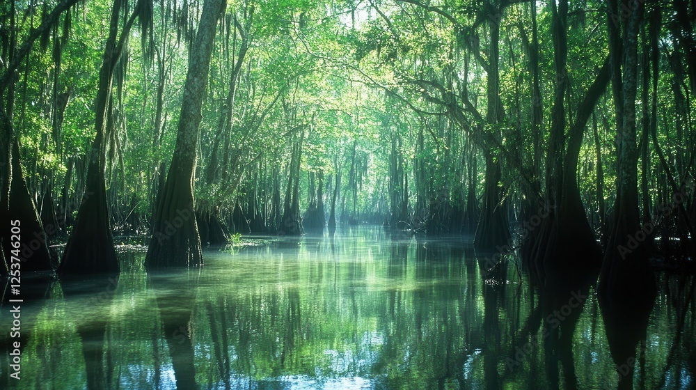 A tranquil swamp scene featuring trees rising from the water alongside a boat, capturing the serene beauty of nature's ecosystem. A tranquil swamp scene featuring trees rising from the water alongside a boat, capturing the serene beauty of nature's ecosystem.