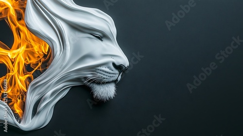 Abstract representation of a lion's head emerging from flowing fabric and flames, symbolizing power