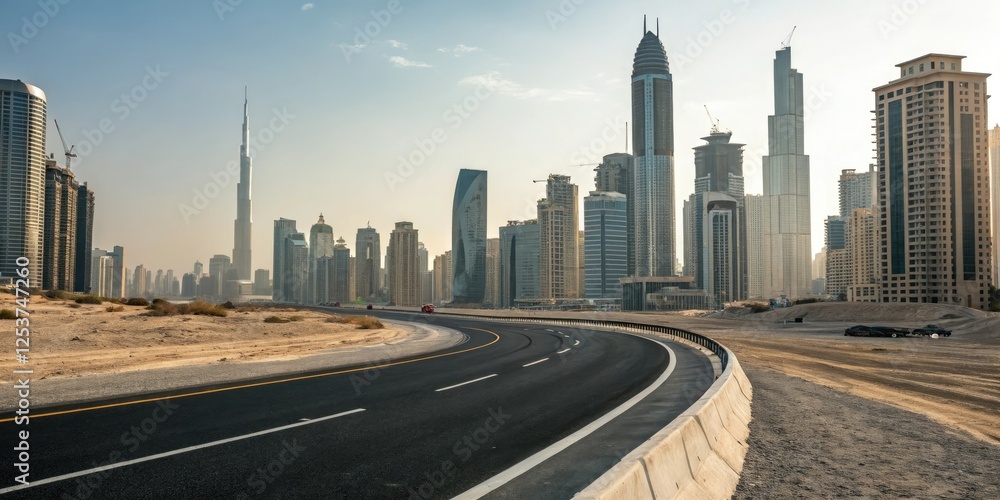Fototapeta premium Wide shot of an asphalt road winding its way through the heart of a bustling city amidst towering skyscrapers, urban sprawl, concrete highway, modern cityscape, skyscraper