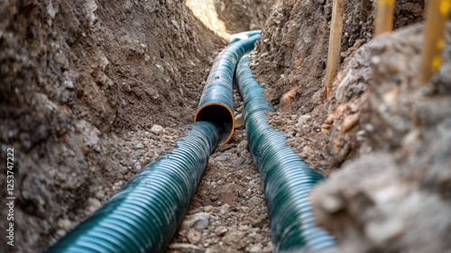 Industrial Construction Site with Large Black PVC Pipes for Underground Infrastructure