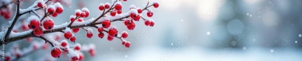 White twine with red berries hanging from branches, winter, berries, snowy White twine with red berries hanging from branches, winter, berries, snowy