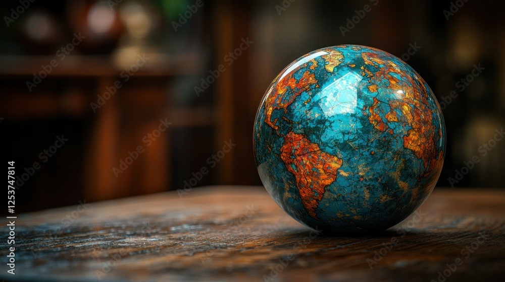 Ornate globe on wooden table, antique room background; global concepts Ornate globe on wooden table, antique room background; global concepts