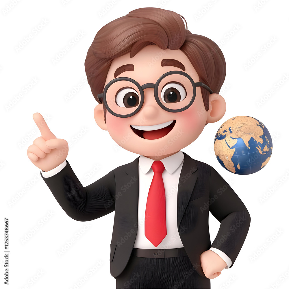 Cheerful Cartoon Character in Formal Attire with Globe Illustration Cheerful Cartoon Character in Formal Attire with Globe Illustration