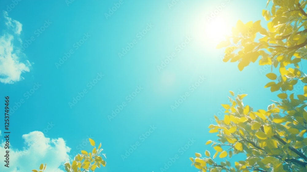 Sunny day, tree leaves, blue sky, clouds, nature background Sunny day, tree leaves, blue sky, clouds, nature background