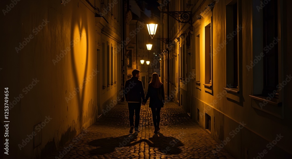 Fototapeta premium Romantic evening stroll in a cobblestone alley with vintage lanterns forming heart shadows1
