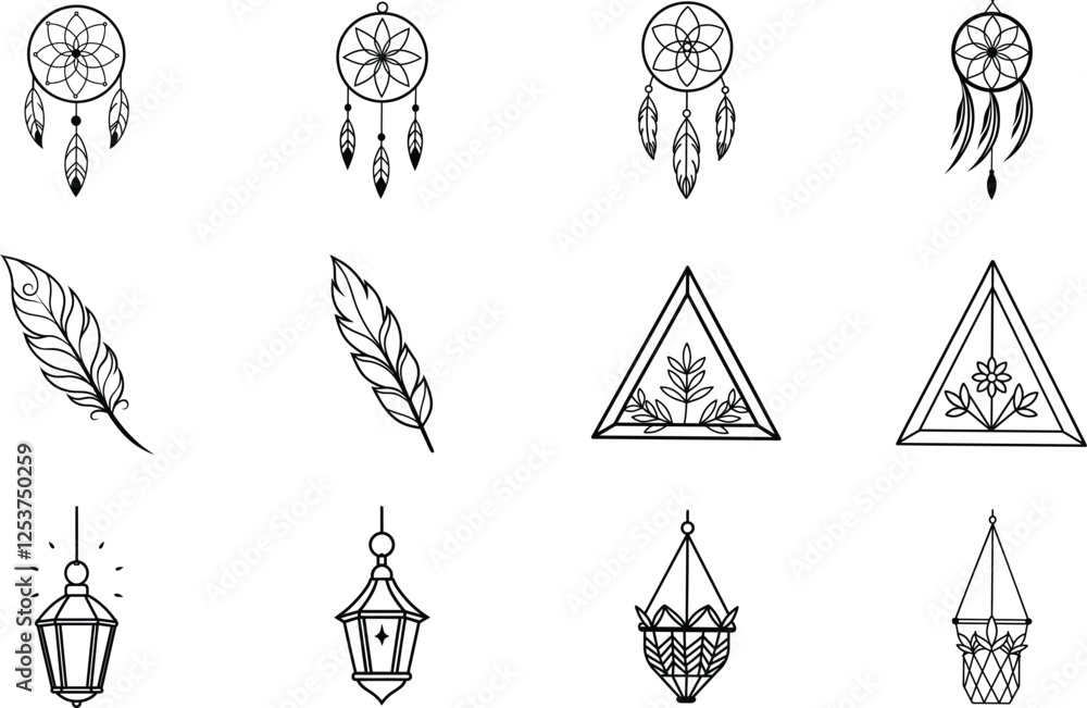 Bohemian Dream Catchers, Feathers, Lanterns, and Geometric Designs Bohemian Dream Catchers, Feathers, Lanterns, and Geometric Designs