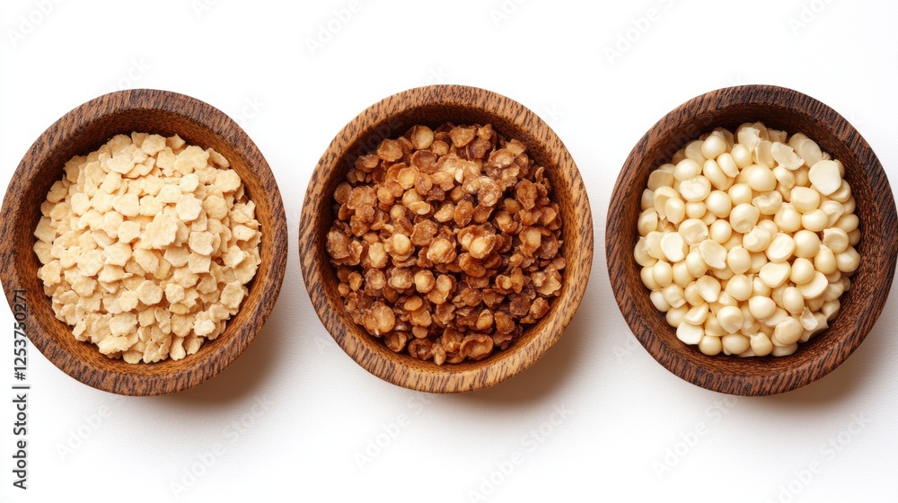 Variety of Natural Grains in Three Textured Bowls on White Background Perfect for Culinary Inspiration Variety of Natural Grains in Three Textured Bowls on White Background Perfect for Culinary Inspiration