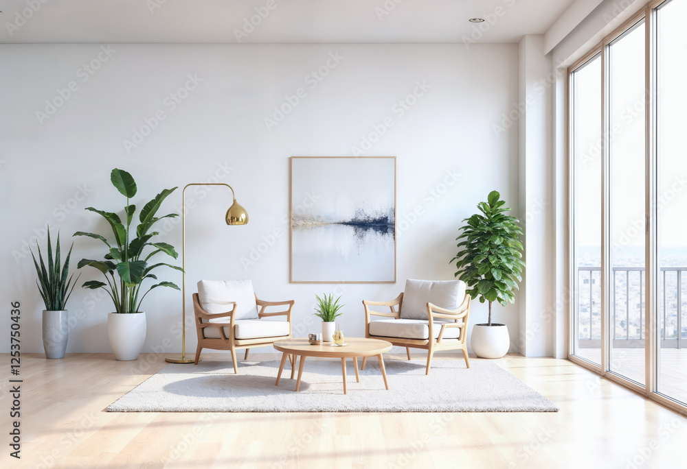 Fototapeta premium Modern Minimalist Living Room with Natural Light and Indoor Plants