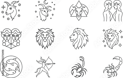 Zodiac Signs Capricorn, Gemini, Leo, Pisces, Sagittarius, Scorpio Line Art Icons