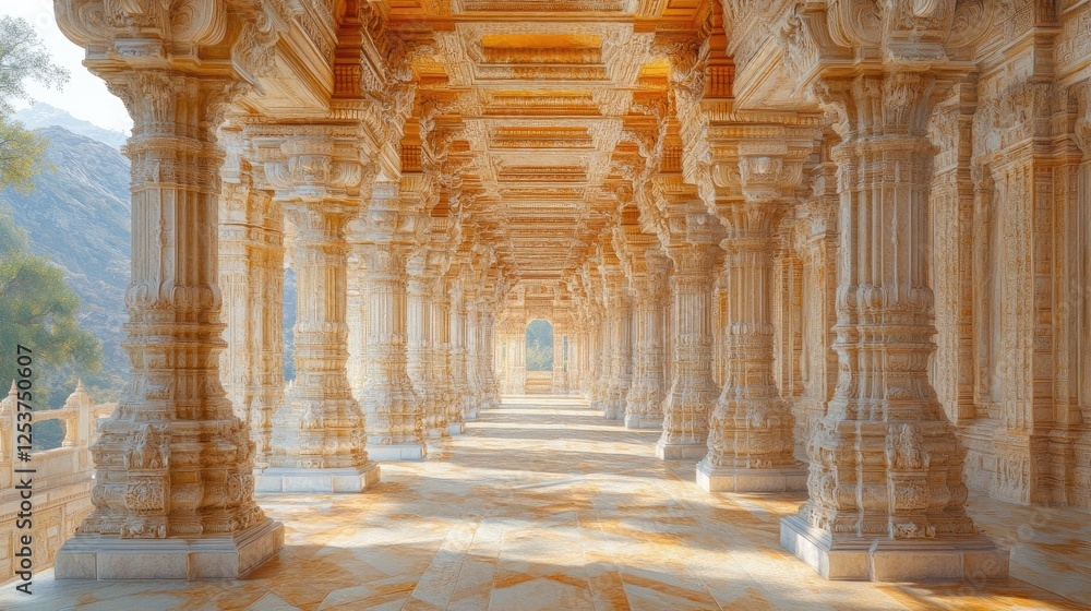 Fototapeta premium A serene corridor of intricately carved pillars in an ornate architectural setting.