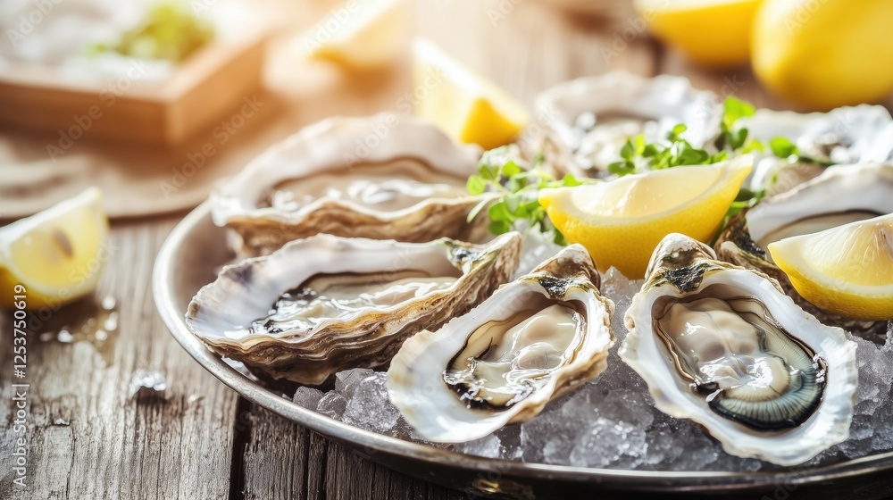 Fresh Oysters on Ice with Lemon Wedges and Herbs for Gourmet Dish Fresh Oysters on Ice with Lemon Wedges and Herbs for Gourmet Dish