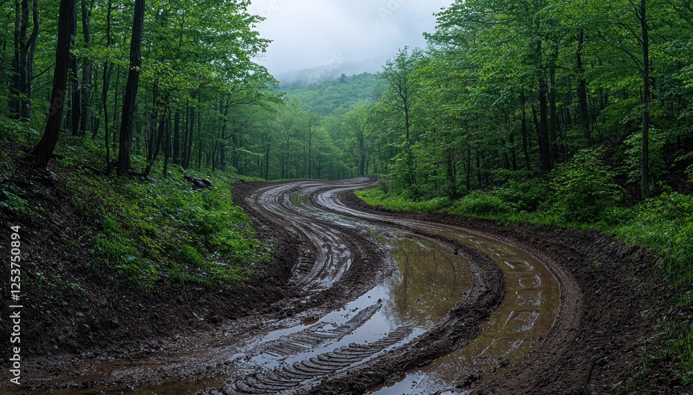 Fototapeta premium Muddy forest road winding through lush green trees on a misty, overcast day