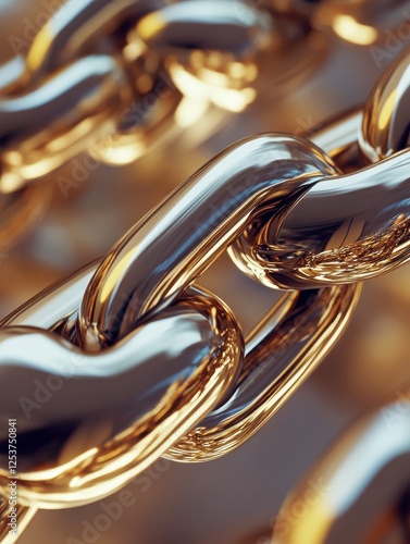 close up view of shiny gold chain link, showcasing its smooth texture and metallic shine. image highlights strength and durability of chain, evoking sense of security and connection photo