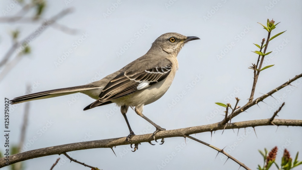 A northern mockingbird perched on a thin branch with its feet grasping tightly showcasing its striking colors, feather, perched A northern mockingbird perched on a thin branch with its feet grasping tightly showcasing its striking colors, feather, perched
