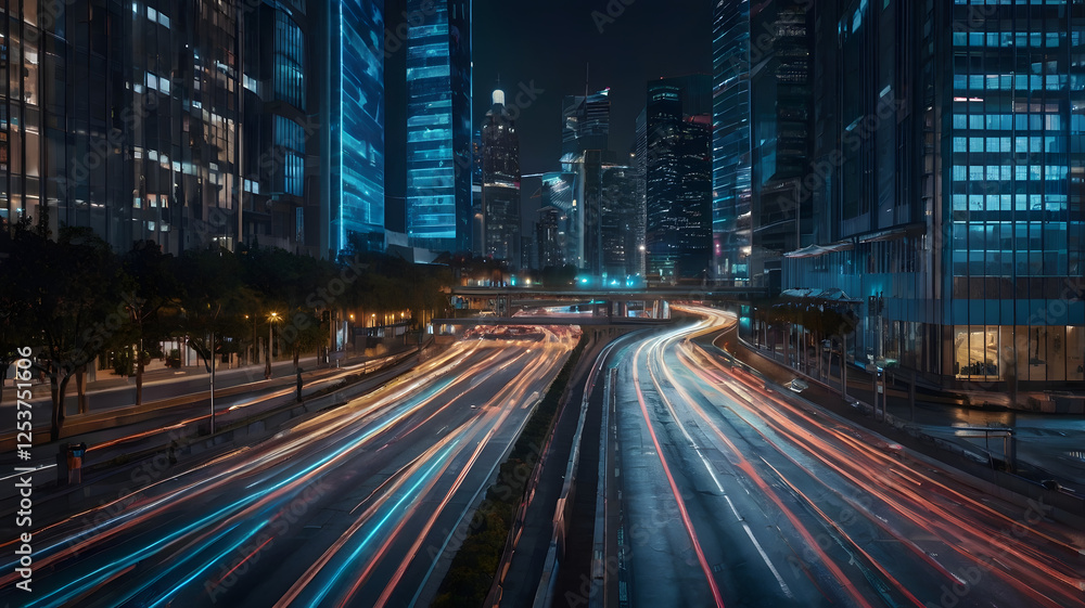Fototapeta premium a long exposure shot of a city street at night. The street is lit up by the headlights of cars, creating streaks of light. The city skyline is visible in the background