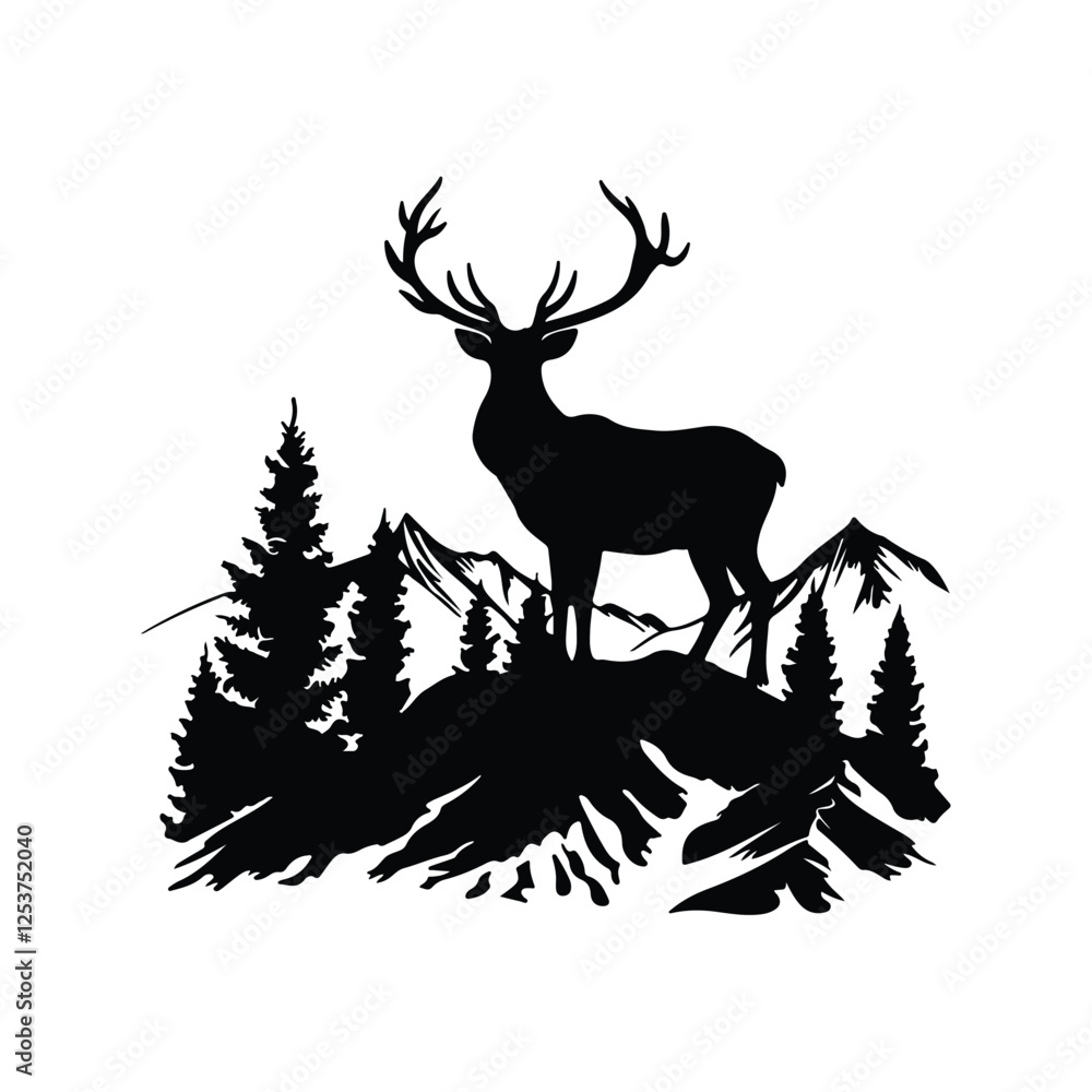A striking silhouette of deer in a forested landscape with mountains isolated white background A striking silhouette of deer in a forested landscape with mountains isolated white background