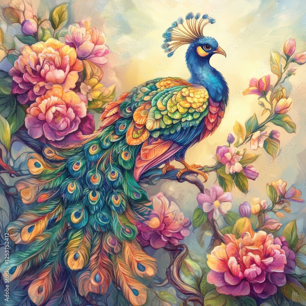 Obraz premium Vibrant Peacock Perched Among Blooming Flowers in a Lush Nature Scene with Colorful Feathers