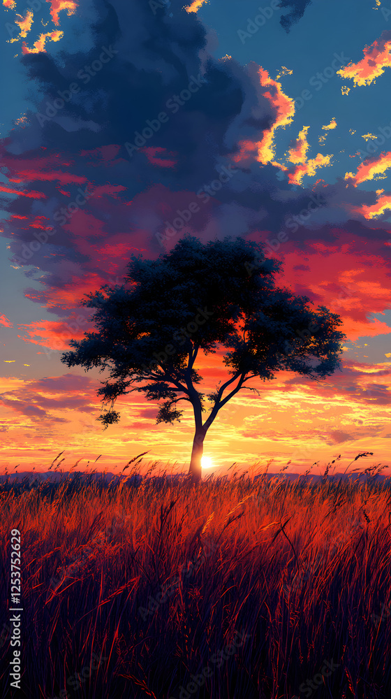 Obraz premium Tranquil Tree Silhouette at Sunset: A Breathtaking Landscape of Colorful Clouds, Golden Sunlight, and Vibrant Sky Over Serene Fields and Peaceful Rural Scenery, Capturing Nature's Beauty and Aesthetic