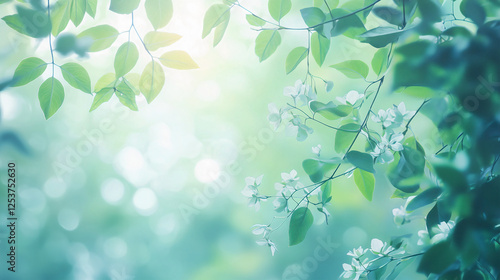 Dreamy Nature Background with Green Leaves and White Flowers in Soft Sunlight