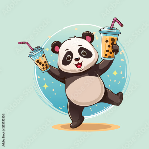 panda bouncing around after drinking too much bubble tea, happy expression