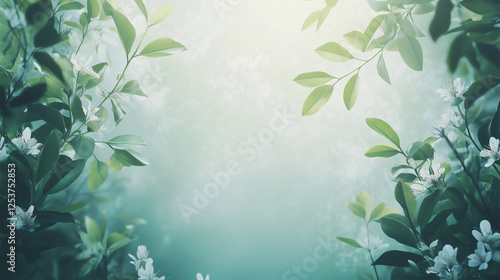 Dreamy Nature Background with Green Foliage and Soft White Flowers in Sunlight