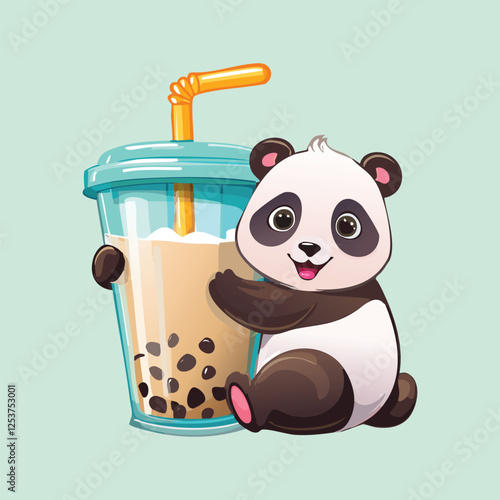 baby panda excitedly hugging an enormous bubble tea cup