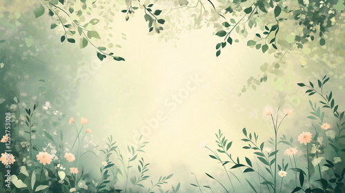Serene Watercolor Botanical Background with Greenery and Soft Floral Elements