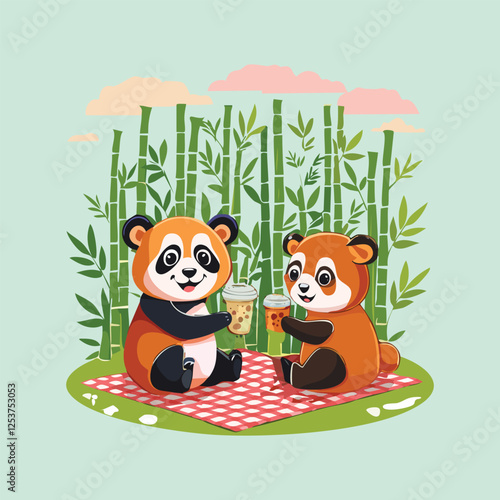 joyful panda sharing bubble tea with a red panda friend sitting