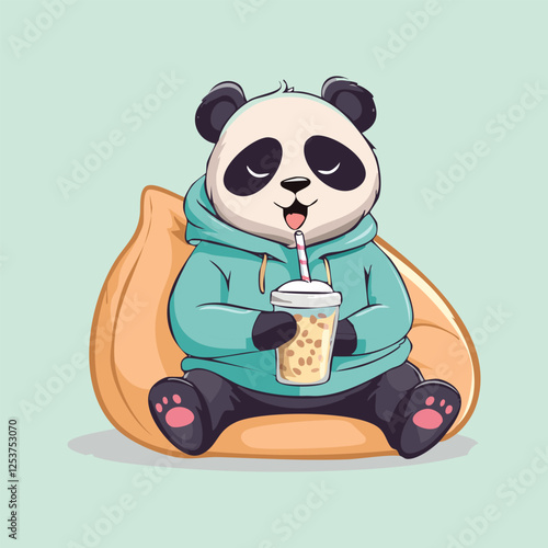 cute panda holding an oversized bubble tea cup with both paws and sipping