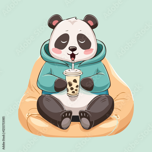 cute panda holding an oversized bubble tea cup with both paws and sipping