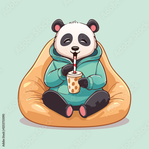 cute panda holding an oversized bubble tea cup with both paws and sipping