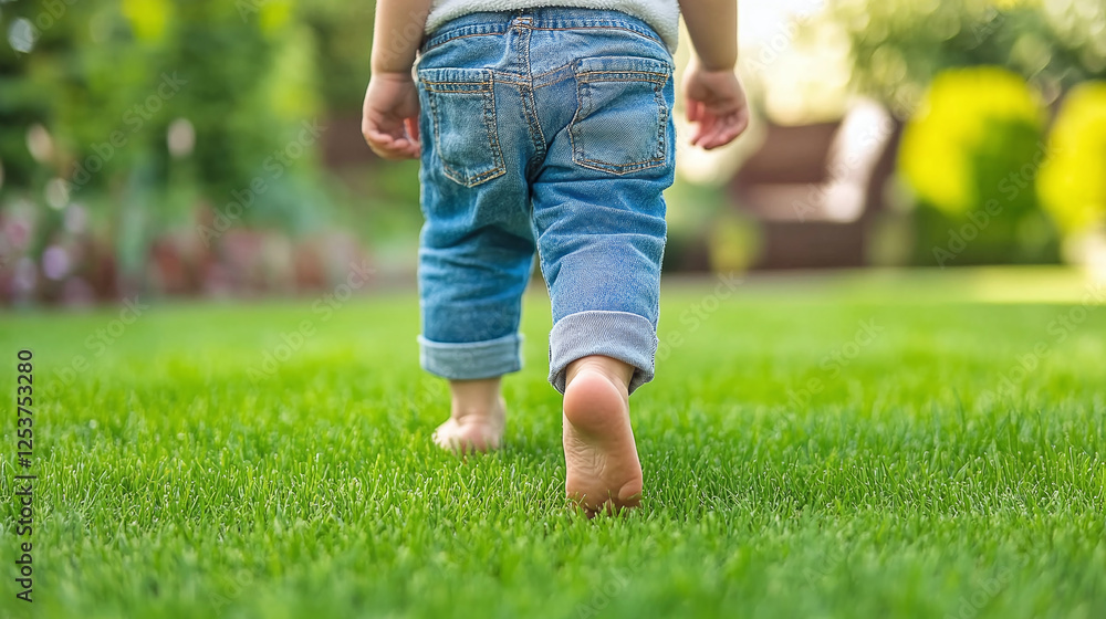 Toddler exploring barefoot on the grass, taking small steps in rolled-up denim jeans in the backyard. Toddler exploring barefoot on the grass, taking small steps in rolled-up denim jeans in the backyard.