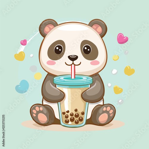 cute panda holding an oversized bubble tea cup with both paws and sipping