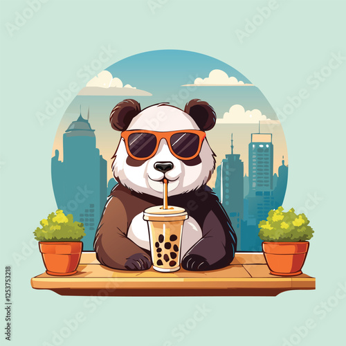 cute panda holding an oversized bubble tea cup with both paws and sipping