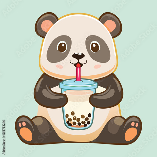 cute panda holding an oversized bubble tea cup with both paws and sipping