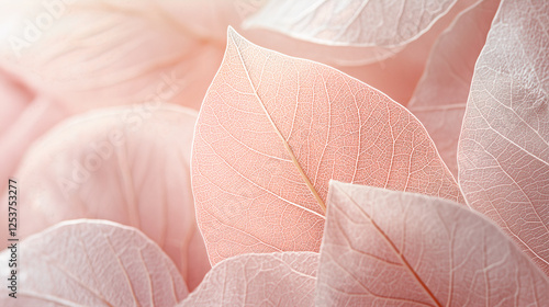 Delicate Transparent Skeleton Leaves in Soft Pastel Pink, Macro Nature Background with Intricate Veins and Elegant Texture
