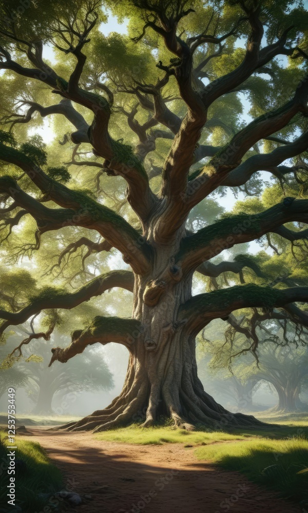 Obraz premium A massive ancient oak tree with a large canopy, outdoor, tree in the wild