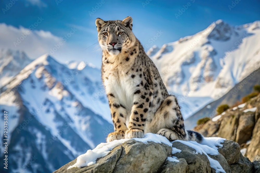 A majestic snow leopard perched on a rocky outcrop in the Himalayas, rock, mountain range A majestic snow leopard perched on a rocky outcrop in the Himalayas, rock, mountain range