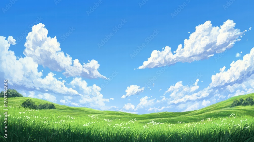 Obraz premium Serene Green Hills under a Bright Blue Sky with Fluffy Clouds