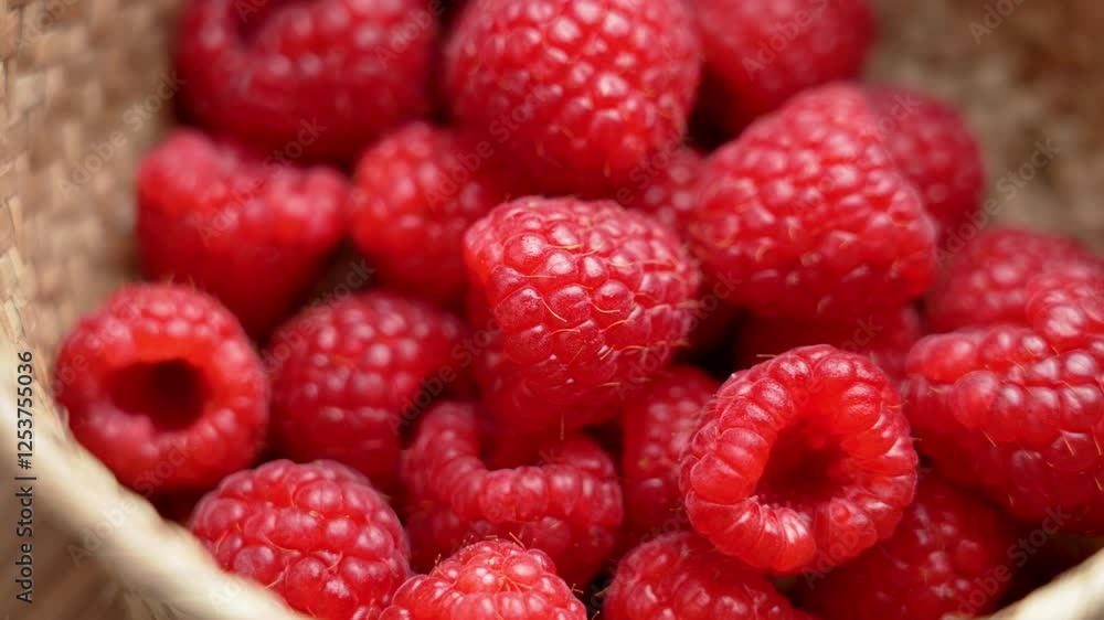 Fresh juicy raspberries in rustic wicker basket. Top view of organic red berry. Natural raw seasonal fruits. Rotation Fresh juicy raspberries in rustic wicker basket. Top view of organic red berry. Natural raw seasonal fruits. Rotation