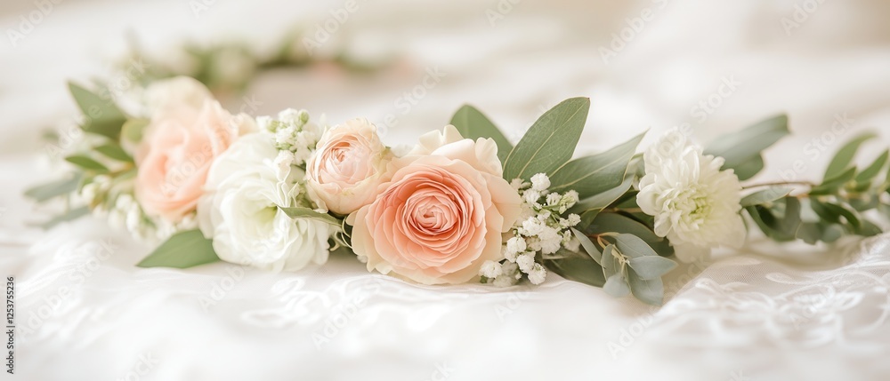 A delicate flower crown rests gracefully on a soft bed, showcasing vibrant blooms and intricate design, inviting a sense of beauty and tranquility. A delicate flower crown rests gracefully on a soft bed, showcasing vibrant blooms and intricate design, inviting a sense of beauty and tranquility.