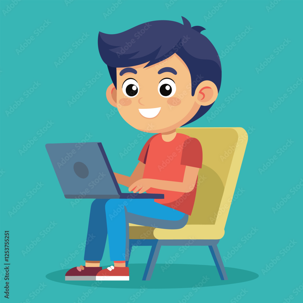 a boy is using his laptop vector a boy is using his laptop vector