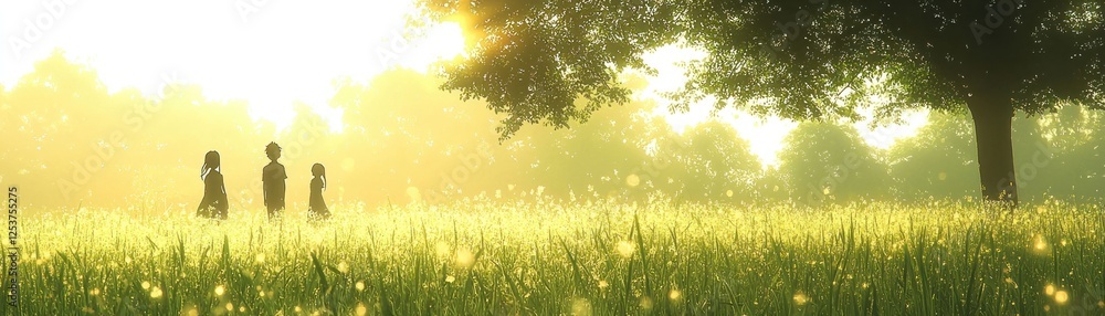 Family walking in meadow at sunrise. Use Peaceful, nature scene