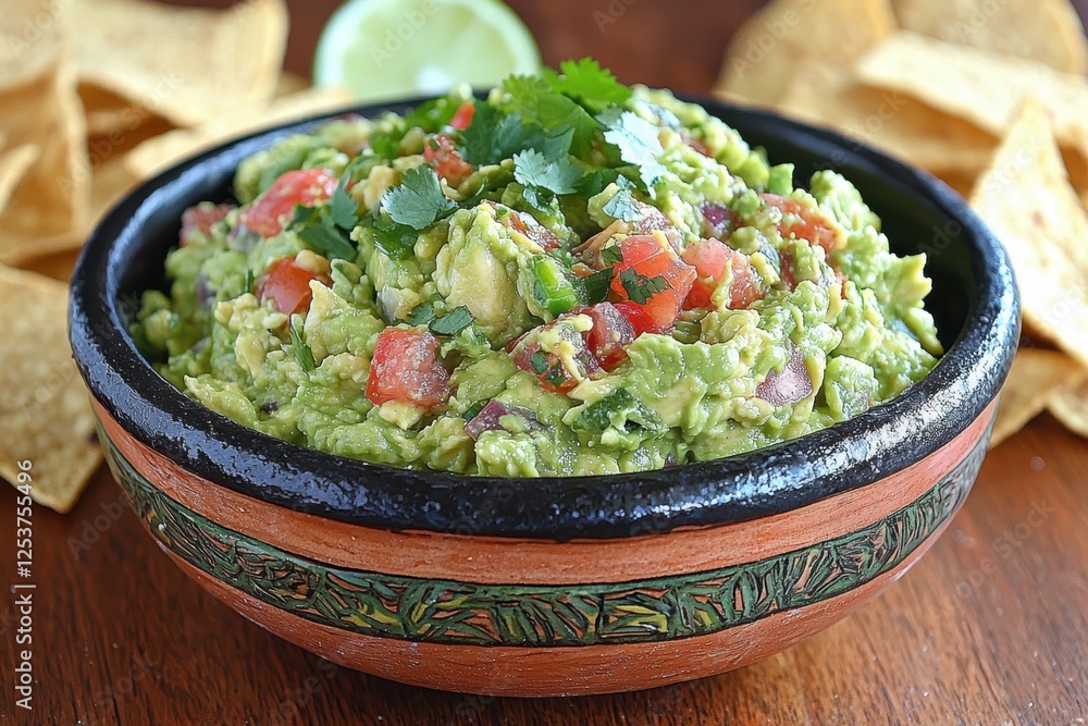 Classic guacamole with diced tomatoes and jalapenos kitchen food photography vibrant colors close-up culinary delight Classic guacamole with diced tomatoes and jalapenos kitchen food photography vibrant colors close-up culinary delight