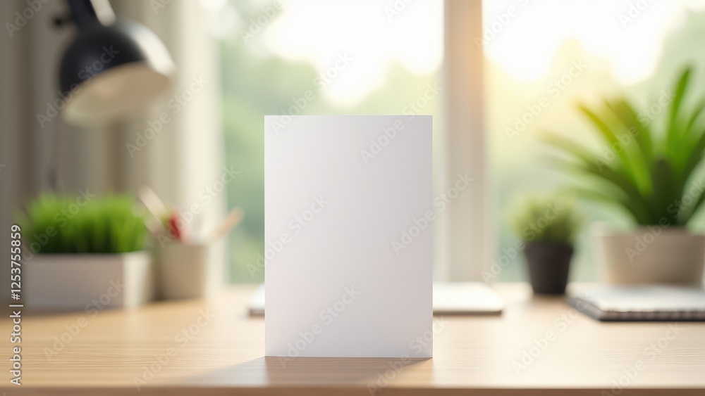 Vertical Greeting Card Mockup, Modern workspace with greenery and a greeting card standing on a wooden desk photorealistic. Vertical Greeting Card Mockup, Modern workspace with greenery and a greeting card standing on a wooden desk photorealistic.