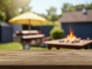 summer time party in backyard garden with grill BBQ, wooden table, blurred background