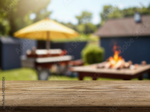 Cuadro en lienzo summer time party in backyard garden with grill BBQ, wooden table, blurred backg