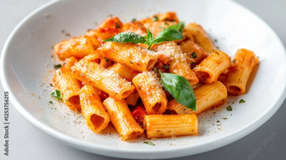 Delicious Plate of Pasta with Fresh Tomatoes and Basil Garnish Served in a White Bowl Delicious Plate of Pasta with Fresh Tomatoes and Basil Garnish Served in a White Bowl