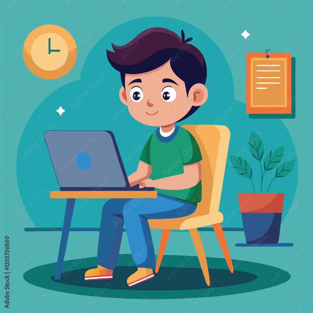 a boy is using his laptop vector a boy is using his laptop vector