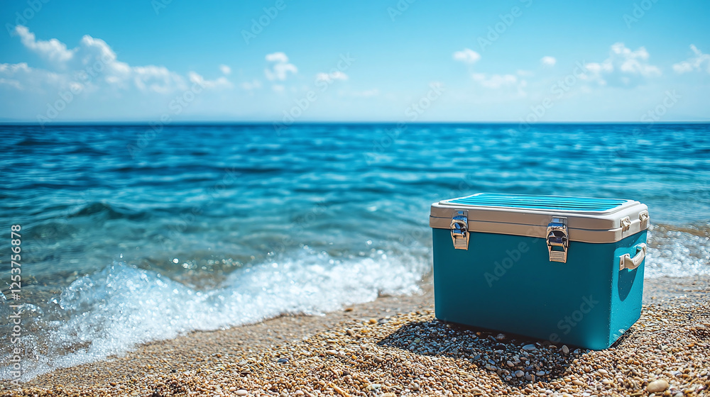 Beach cooler by the ocean with rolling waves; perfect for a summer picnic. Turquoise and white color adds a touch of style to your day at the shore. Beach cooler by the ocean with rolling waves; perfect for a summer picnic. Turquoise and white color adds a touch of style to your day at the shore.